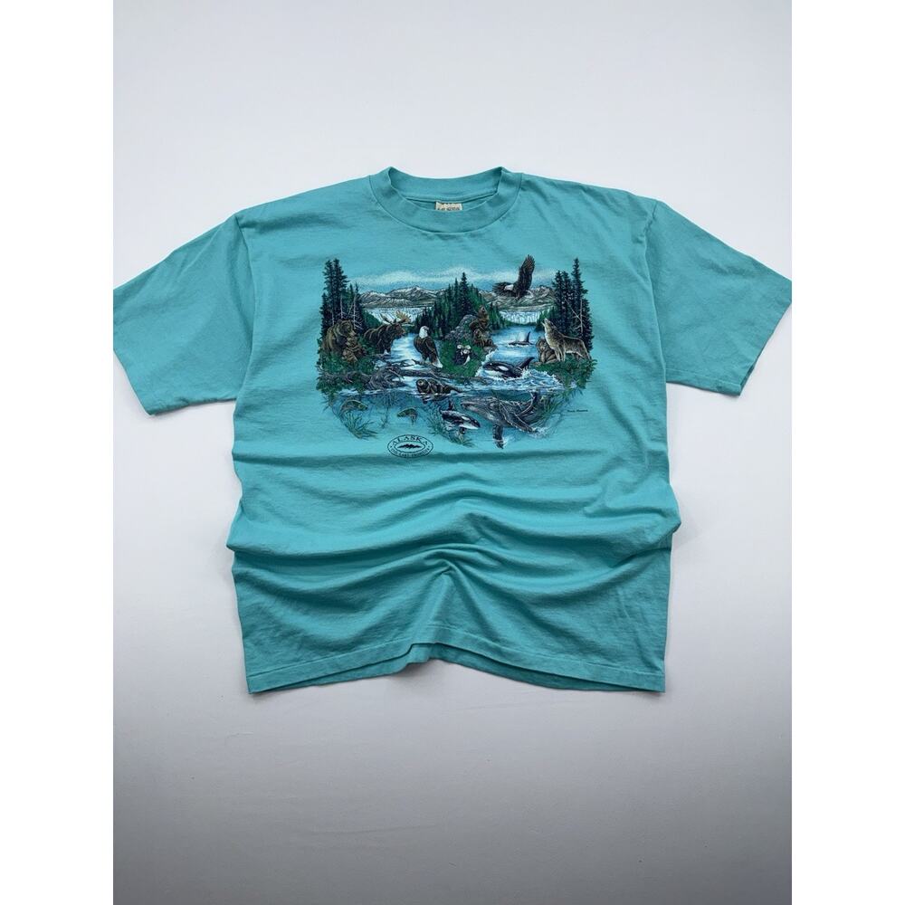 Vintage Prairie Mountain Alaska Nature Mens T-shirt Size XL Teal